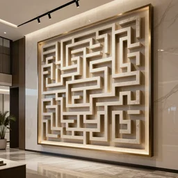 : goes maze pattern sculpture art on the wall in modern architecture studio high luxury, cinematic lighting, hyper - realistic, detailed, render by c 4 d octane, unreal engine, 8 k 3 d render