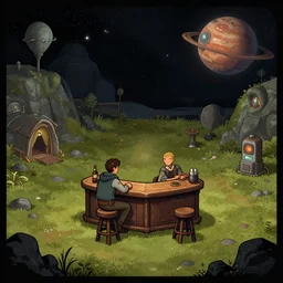 in a small bar in a remote outpost, on an alien planet, from a space themed point and click 2 d graphic adventure game, set design inspired slightly by hg giger and tomb raider, art inspired by thomas kinkade