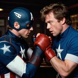 cinestill 5 0 d candid photographic portrait by helen levitt of elton john fighting captain america in hand - to - hand combat, modern, moody, emotional cinematic, in a bar, 8 k, hd, high resolution, 3 5 mm, f / 3 2, ultra realistic faces, ex machina