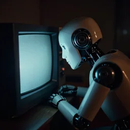 humanoid robot sticking her head inside of a microwave, from 1985, bathed in the glow of a crt television, low-light photograph, in the style of jack bridgeland