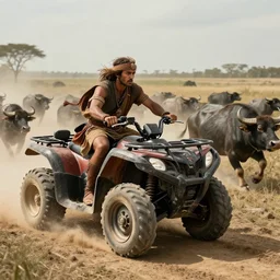 ancient indian tribesman hunting on  atv buffalo herd, wooden wheels, attacking, chase, action scene, an epic fantasy, dramatic lighting, cinematic, establishing shot, extremely high detail, photorealistic, cinematic lighting, artstation, octane render, by simon stalenhag, horizon forbidden west,old photo, high speed photography, vintage, extreme sports