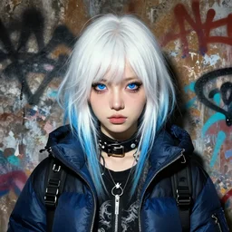 highly detailed portrait of a sewer punk lady student, blue eyes, puffy jacket, white hair by atey ghailan, by greg rutkowski, by greg tocchini, by james gilleard, by joe fenton, by kaethe butcher, gradient blue, black, brown and cyan color scheme, grunge aesthetic!!! ( ( graffiti tag wall background ) )