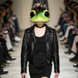 frog, paris fashion week runway photograph. an emo. short dark brown messy pixie haircut, large black eyes!!!, black sclerae!!!!, antichrist eyes, slightly rounded face, pointed chin, thin lips, small nose, black tank top, black leather jacket, black knee - length skirt, black choker