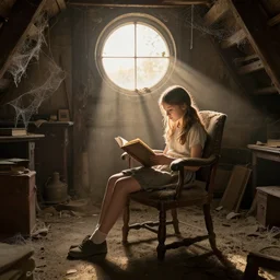 young girl reading a book on an old chair in a dusty attic, old library covered by cobwebs, dusty dirty floor, sunset light through round old dusty windows, hyperdetailed, artstation, cgsociety, god rays, 8 k