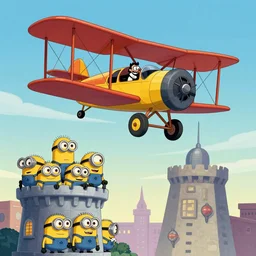 Dastardly Dan flying biplane into a tower full of minions in the style of a Hanna Barbara Cartoon