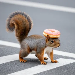 a squirrel crossing a road with a doughnut stuck around it's head, detailed photography, close up nature