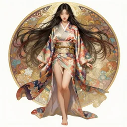 cute korean woman with a beautiful face and eyes, long hair, wearing a flowery kimono, long legs, fantasy, intricate, full body shot, sexy, highly detailed, digital painting, artstation, concept art, wallpaper, smooth, sharp focus, realistic photo by artgerm and greg rutkowski and alphonse mucha