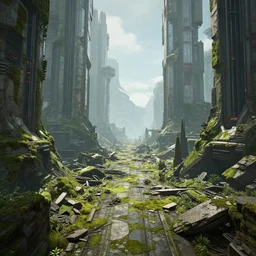 an ancient ruin covered in moss of a sprawling broken futuristic city street, ilm, beeple, star citizen halo, mass effect, 2001 space odyssey, elysium, iron smelting pits, huge holograms, warm saturated colours, atmospheric perspective, dramatic sunset, volumetric light scattering, dustlight, god rays, dust