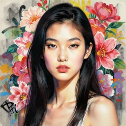 a portrait of asian supermodel with a floral background by karol bak, artgerm, moebius, yoji shinkawa : : portrait, illustration, photorealism, hyperrealism, graffiti