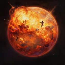 oil sci fi painting of planet mars explosion octane rendering, trending on artstation, by, studio ghibli, michael whealan and james gurney