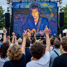 fans at an outdoor concert by bob dylan 1 9 6 8, neo impressionism