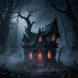 fun strange darkness house, inspired by Tim Burton, (by Tim Burton) dark forest background dead tree, mist, fog, volumetric lighting