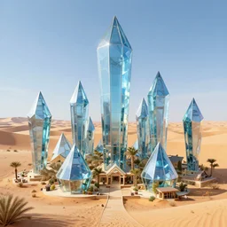 long and tall fractal diamond crystal glass houses, village, desert, artstation, digital art