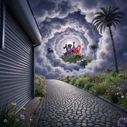 low shutter, curled perspective digital art of spiral clouds cobblestone street with wildflowers to a casino in top of a hill with curly palmtrees by anton fadeev from nightmare before christmas