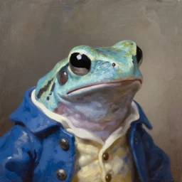 a head - and - shoulders portrait of an amazon milk frog wearing a blue coat with a white vest, an american romanticism painting, oil on canvas, cgsociety, soft focus