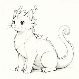 lineart sketch of a cat dragon, adorable, makoto shinkai, studio ghibli, mamoru hosoda, full body sketch, detailed, dragon tail, cute cat