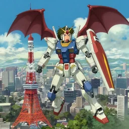 haku dragon from spirited away with a full gundam suit flying above tokyo