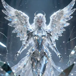 angel knight, made of crystal, broken mirrors, holographic light, cinematic lighting, battle scene, 8 k, vray render