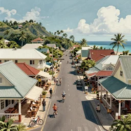 a quaint fijian island town, street, shops, restaurant, mainstreet, street - level view, bicycles, view of ocean in the distance, digital illustration, art by artgerm, trending on artstation, intricate, amazing detail, concept art, sharp focus, octane render, unreal engine, cinematic lighting