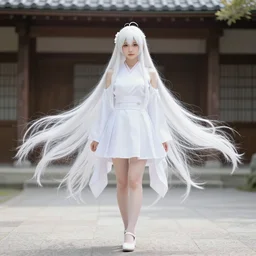 full body shot of a japanese princess young lady, beauty, with a long white, white hair, ayaka cosplay