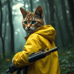 portait of a cute humanoid cat soldier wearing a yellow raincoat, venturing through a dense forest, carrying a rifle. realistic 4 k octane render, epic composition, magical atmosphere, ultra hd, masterpiece by pascal campion and rembrandt, trending on artstation, looking back over shoulder, pastel colors, extremely detailed, gorgeous