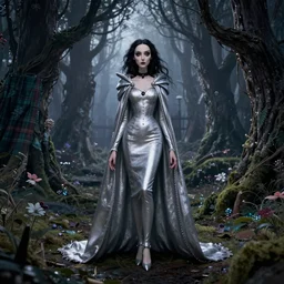 concept art by tim burton, girl in a silver cape, in a tartan forest, cinematic