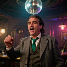 the medium shot of singing old drunkard ( ( ( ( ( ( joaquin phoenix ) ) ) ) ) ) with sideburns worn in the old grey jacket with emerald tie on the scene in steampunk bar, still frame from the movie with the cinematography of christopher doyle, neon lighting reflecting from a disco ball, anamorphic lens, optical flares, award - winning photo, 8 k