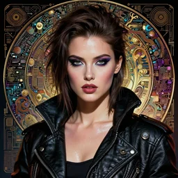 cyberpunk, perfectly-centered-Portrait of the most beautiful women on the planet,  80s makeup, professional model, high fashion, sweaty, motherboard, insane, intricate, highly detailed, digital painting, artstation, concept art, smooth, sharp focus, illustration, Unreal Engine 5, 8K, art by artgerm and greg rutkowski and alphonse mucha