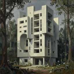 a painting of a building in the middle of a forest, a detailed matte painting, brutalism, dystopian art, rough, unfinished surfaces, unusual shapes, straight lines, greeble, oil paint, insanely detailed and intricate, hypermaximalist, elegant, ornate, hyper realistic by eugene von guerard, zdzislaw beksinski, arnold boecklin, francisco goya, carav