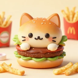 a burger in the shape of a cat, with fries, 4 k