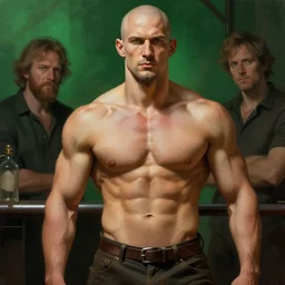 cottagecore male bald bodybuilder, bar background, digital painting, green light, detailed, highly detailed, smooth, sharp focus, illustration by ruan jia and mandy jurgens and william - adolphe bouguereau, artgerm