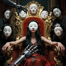 beautiul girl wearing japanese masks 1 0 arms and mechanic hand reaching to a throne salvation epic cinematic by luis royo, pascal blanche, helmut newton and thu berchs, trending on artstation.