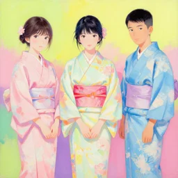 painting by ren hang and yuyuko takemiya and noriyoshi ohrai and john berkey vibrant neon pastel yukata