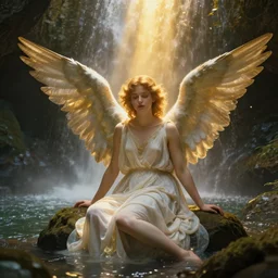 a cinematic portrait of a romantic pre - raphaelite fairy angel with wings, sitting in a mystical waterfall cave, golden sunrays, matte painting, highly detailed, 8 k