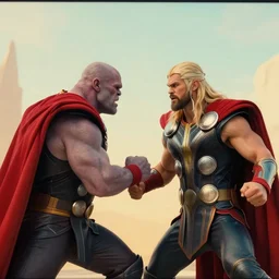gorr the god butcher fighting thor, color grading, camcorder effect, third - person, warm color palette, colorful, technicolor, 3 d, sunlight, mist, ray tracing reflections, post - production, by weta digital, by weta fx, by wlop