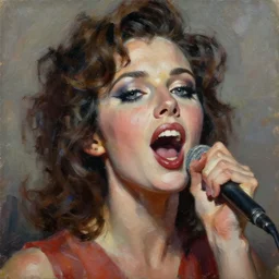 highly detailed expressionist oil painting of singing female, 6 0 s, impasto, intricate, fictional character, dynamic pose, top lighting, realistic shaded, expressively loose brush strokes, perfect face, 8 k realistic, hyper detailed, digital painting, artstation, concept art, hyper detailed eyes, top lighting, art by norman rockwell