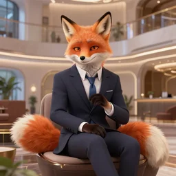 a single anthropomorphic fox in suit sitting in the lobby of a futuristic hotel, anthro, furry