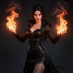 The curvaceous black clothed sorceress casting a fire spell with her hands, Darek Zabrocki, Karlkka, Jayison Devadas, Phuoc Quan, trending on Artstation, 8K, ultra wide angle, pincushion lens effect.