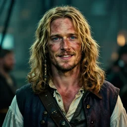 photo of a pirate from from the wait up, 18 century, irish male with medium short blonde hair, charming face but a little dirty, cinematic lighting, sigma lens, 20mm bokeh, flickr, teal and orange color graded