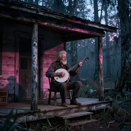 HD render of an old man playing the banjo on the porch of an old cabin, in the middle of a dark blue and dark pink and black SWAMP, cinematic lighting, trending on artstation