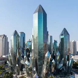 a city built by a civilization that is obsessed with obsidian crystals and likes iridescence in their building materials, sharp edged structures, sparkling, cooler coloration