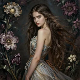 facial portrait of a young pretty woman in flowing dress, arrogant, mysterious, long fine flowing hair, delicate, looking at camera, slightly awkward smile, realistic face, hands behind back, intricate, stylish, elegant, grimdark fantasy, flowers, extremely detailed painting by Gerald Brom and Ernst Haeckel and Greg Rutkowski