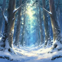 high quality illustration of an enchanted magical winter forest::bright sunny day, glowing snow, amazing mood::art by Ghibli Studio, trending on artstation
