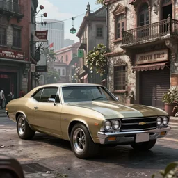 6 5 chevrolet chevelle grand theft auto liberty city vibes, silent hill, photorealistic hyperdetailed 3 d matte painting, hyperrealistic, cinematic, unrealengine octane render,