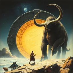 minotaur next to stargate. grand. narita boy game. art by ralph mcquarrie and beksinski r / characterart