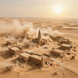 drone shot of dusty old town in the middle of desert surrounded by sandstorm, scorching heat, sun, midday, concept art, sharp, artstation, cgsociety