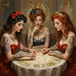 tattooed pinup girls sit at table playing ouija, deep focus, intricate, elegant, highly detailed, digital painting, artstation, concept art, matte, sharp focus, illustration, hearthstone, art by artgerm and greg rutkowski and alphonse mucha.