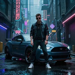 A car Vector W8, rainy grimy neon cyberpunk alleyways in the background badass pose , Photo realistic , Gregory Crewdson , Award winning. masterpiece, exquisite detail, post processing