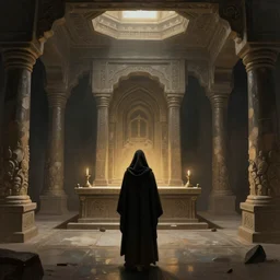“Ancient underground temple in dim lighting, high ceilings, with a hooded cult member facing an altar, concept art, digital painting by Shaddy Safadi”