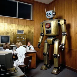 realistic photo of the old science laboratory with a big retro robot cyborg in the corner, wooden walls brass panels, brass equipment and computers, people wearing white suits, dark sky in a window. 1 9 9 0, museum, documentary